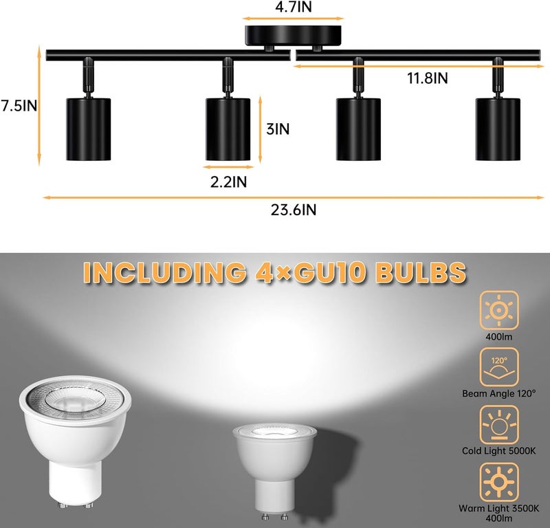 Lavendex LED 4 Light Track Lighting Kit, Dimmable Ceiling Spot Lighting Includes 4 x GU10 Bulb, Modern Track Light Fixture with Rotatable Heads for Kitchen, Living Room, Bedroom - Image 3